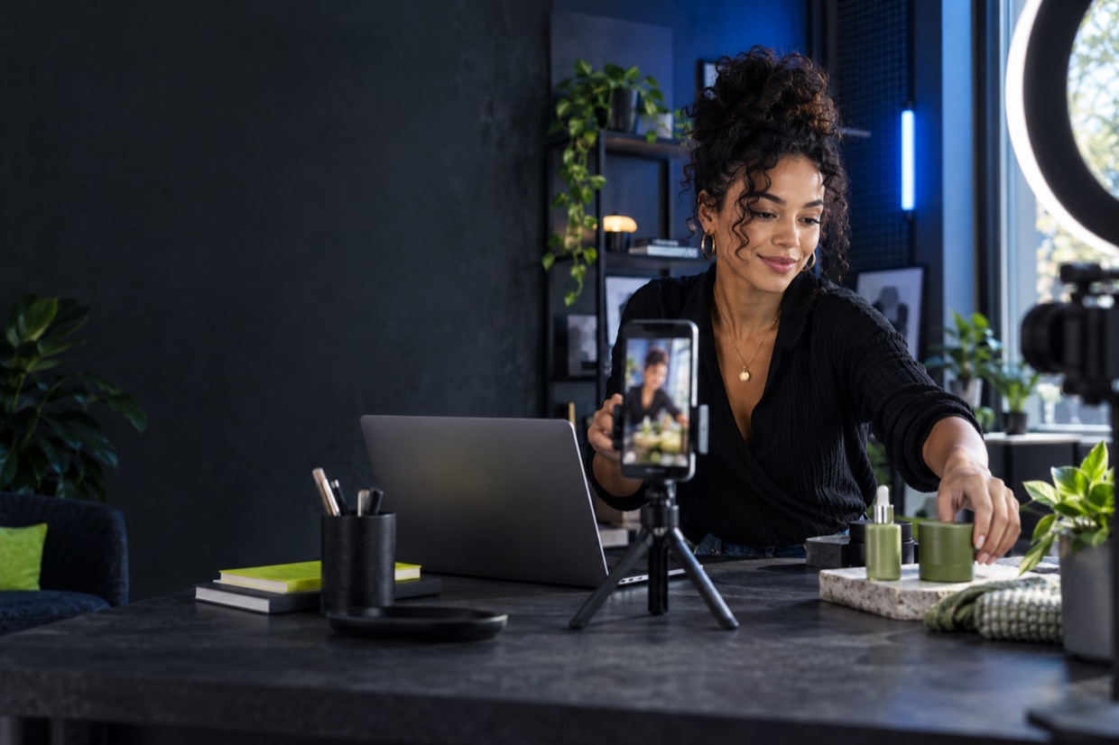 Creator filming sponsored content in her home studio