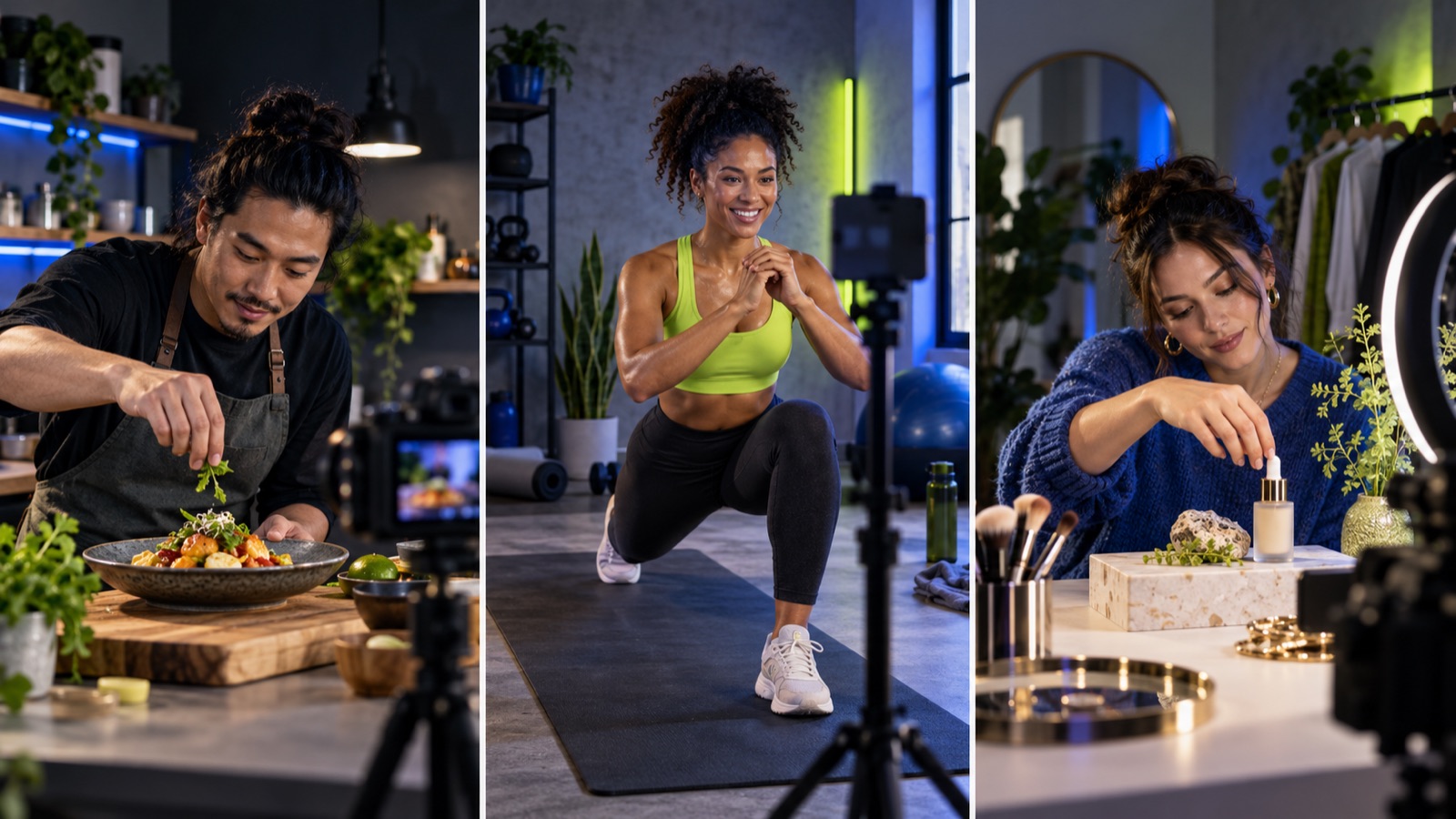 Three creators filming in their studios: a cook plating a dish, a fitness creator mid-lunge, and a beauty creator arranging products